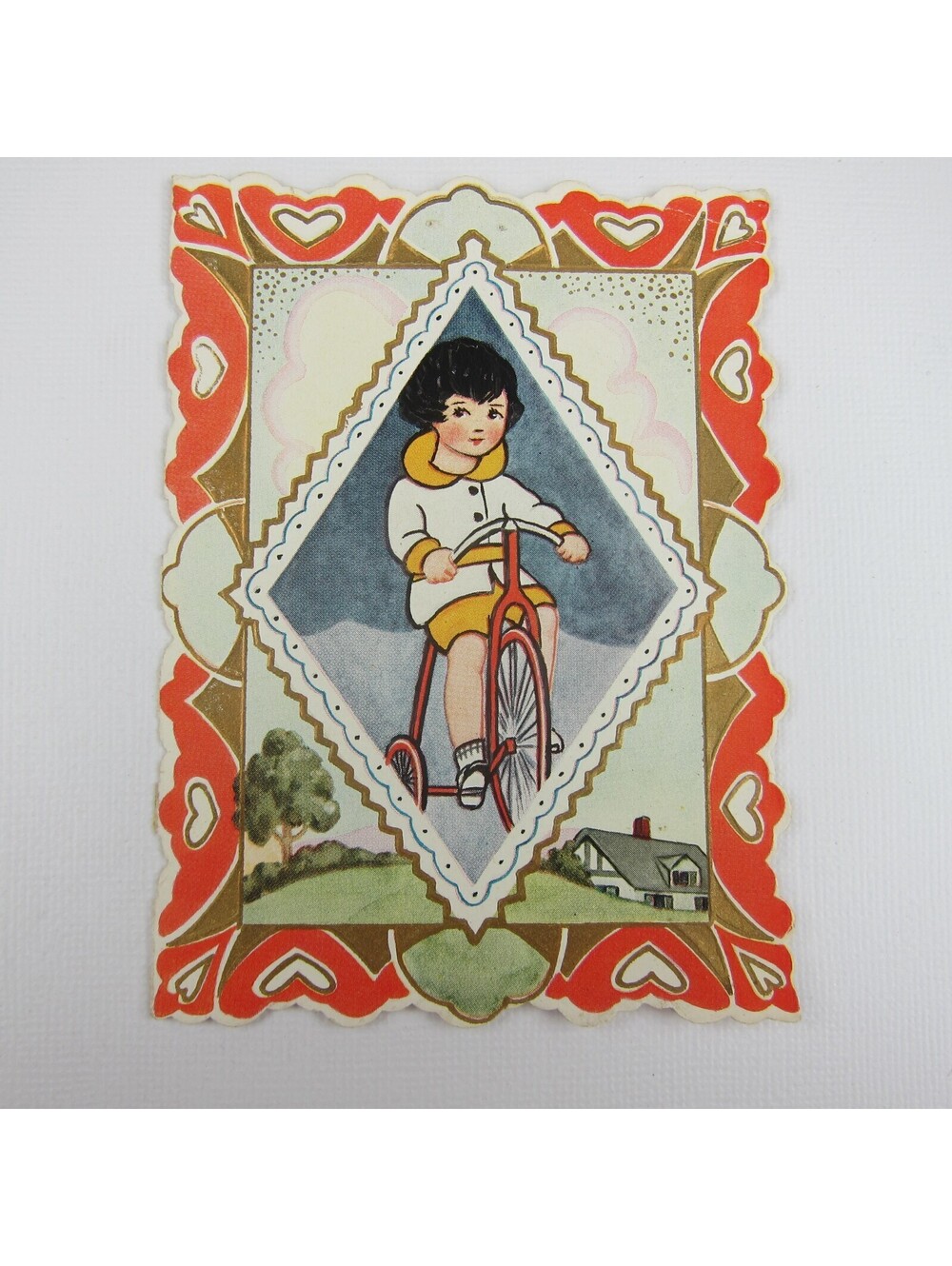 Vintage Valentine Card Die cut Bifold Boy Rides Red Tricycle Bike Heart Embossed
